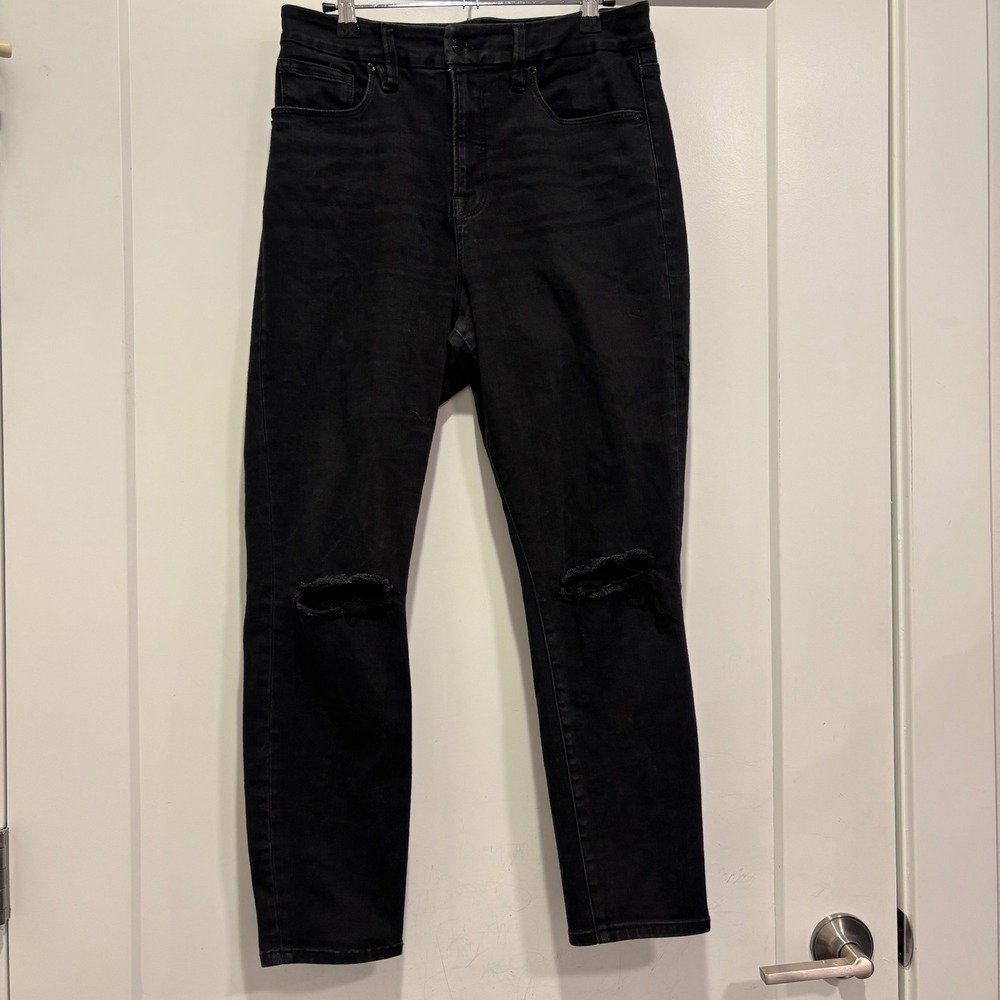 Good American Good Waist Crop Jeans Black Distressed Skinny High Rise Size 8/29
